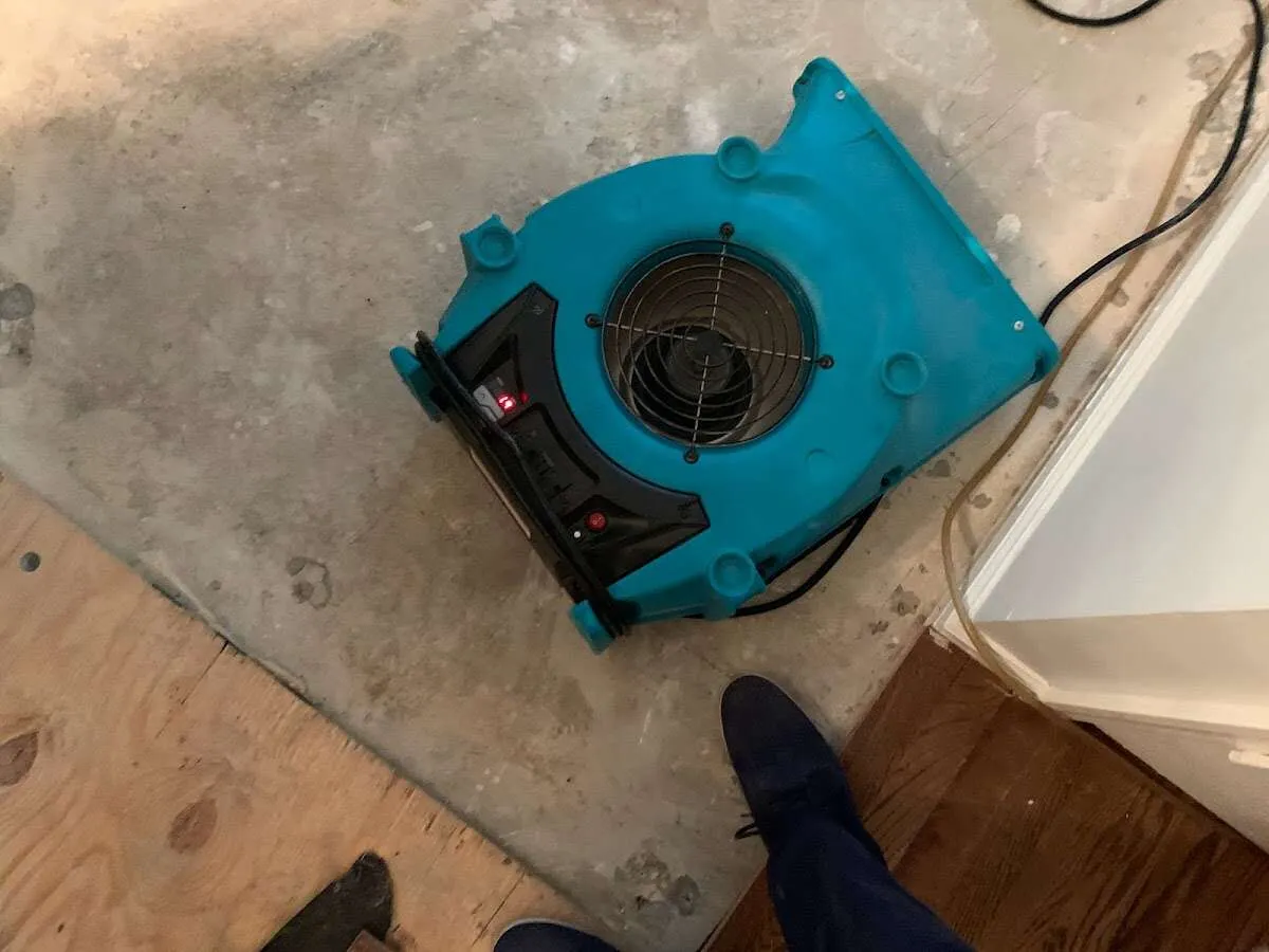 Air mover drying subfloor during Commercial Water Damage Restoration in Lanham